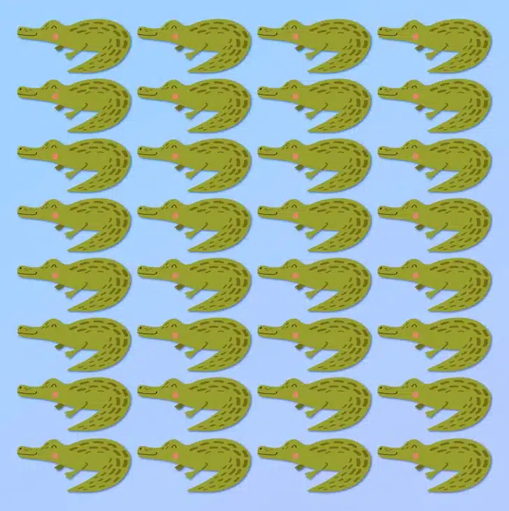 Desafio visual com crocodilos verdes sorridentes desenhados em fundo azul.