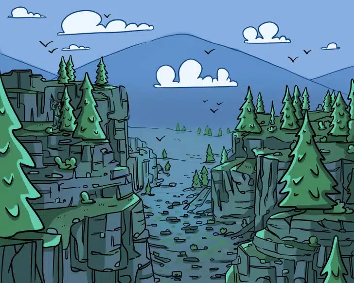 Desafio visual com ilustração de um cânion rochoso, árvores verdes, pássaros em voo e uma montanha azul ao fundo sob um céu límpido.
