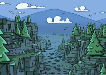 Desafio visual com ilustração de um cânion rochoso, árvores verdes, pássaros em voo e uma montanha azul ao fundo sob um céu límpido.