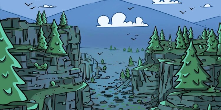 Desafio visual com ilustração de um cânion rochoso, árvores verdes, pássaros em voo e uma montanha azul ao fundo sob um céu límpido.