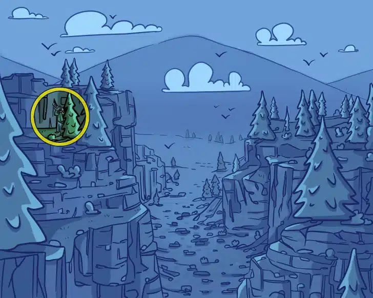 Desafio visual com ilustração de um cânion rochoso, árvores verdes, pássaros em voo e uma montanha azul ao fundo sob um céu límpido.