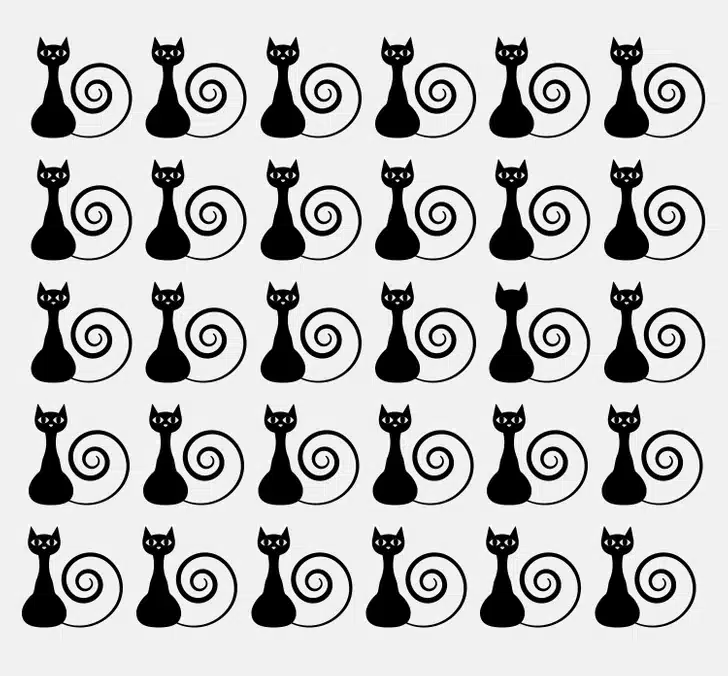 lustração em padrão repetido mostrando gatos pretos estilizados com caudas em forma de espiral. Desafio visual com padrão de desenhos pretos de gatos com cauda em espiral, em fundo cinza-claro
