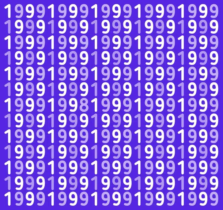Desafio visual para localizar o número 1998 escondido entre muitos números 1999. Desafio visual com vários números 1999 e um número 1998 no meio, em fundo azul