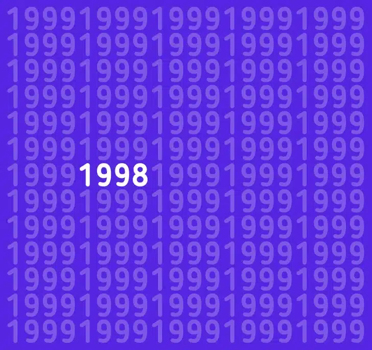 Encontre o número 1998 entre vários números 1999 Desafio visual com vários números 1999 e um número 1998 no meio, em fundo azul