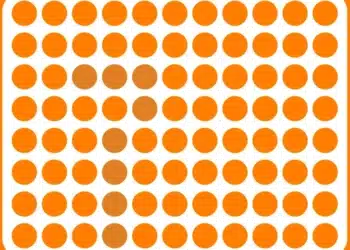 Desafio visual com bolinhas laranjas em fundo branco.