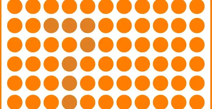 Desafio visual com bolinhas laranjas em fundo branco.