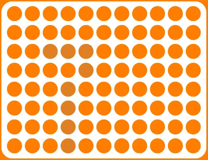 Ache o número 7 escondido entre as bolinhas laranjas. Desafio visual com bolinhas laranjas em fundo branco.