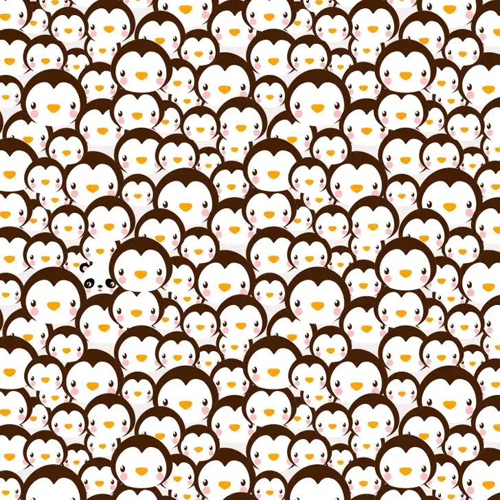 Ache o panda camuflado entre vários pinguins desenhados. Desafio visual com pinguins cartoon em tons de branco, marrom, amarelo e rosa sorrindo