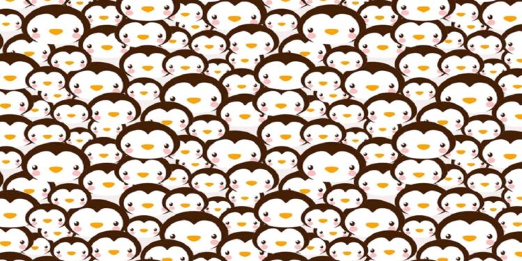 Desafio visual com pinguins cartoon em tons de branco, marrom, amarelo e rosa sorrindo