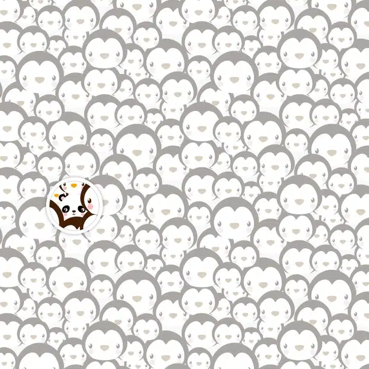 Encontre o panda entre os pinguins desenhados Desafio visual com pinguins cartoon em tons de branco, marrom, amarelo e rosa sorrindo