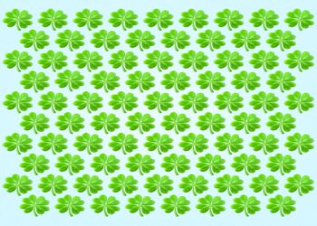 Desafio visual com diversos trevos-de-quatro-folhas verdes alinhados em padrão organizado