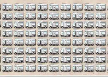 Imagem de desafio visual com múltiplos ônibus; encontre o único ônibus diferente entre eles em menos de 15 segundos.