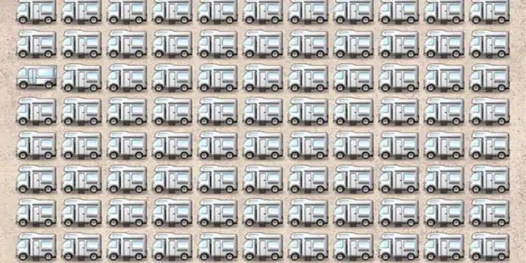 Imagem de desafio visual com múltiplos ônibus; encontre o único ônibus diferente entre eles em menos de 15 segundos.