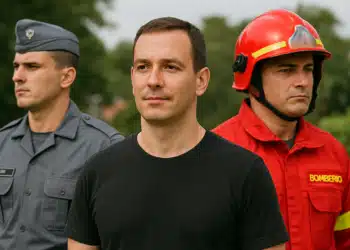 Bombeiro segurando capacete vermelho com uniforme preto e faixa refletiva amarela. PM fardado, com roupa cinza e boina