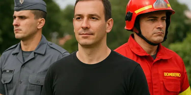 Bombeiro segurando capacete vermelho com uniforme preto e faixa refletiva amarela. PM fardado, com roupa cinza e boina