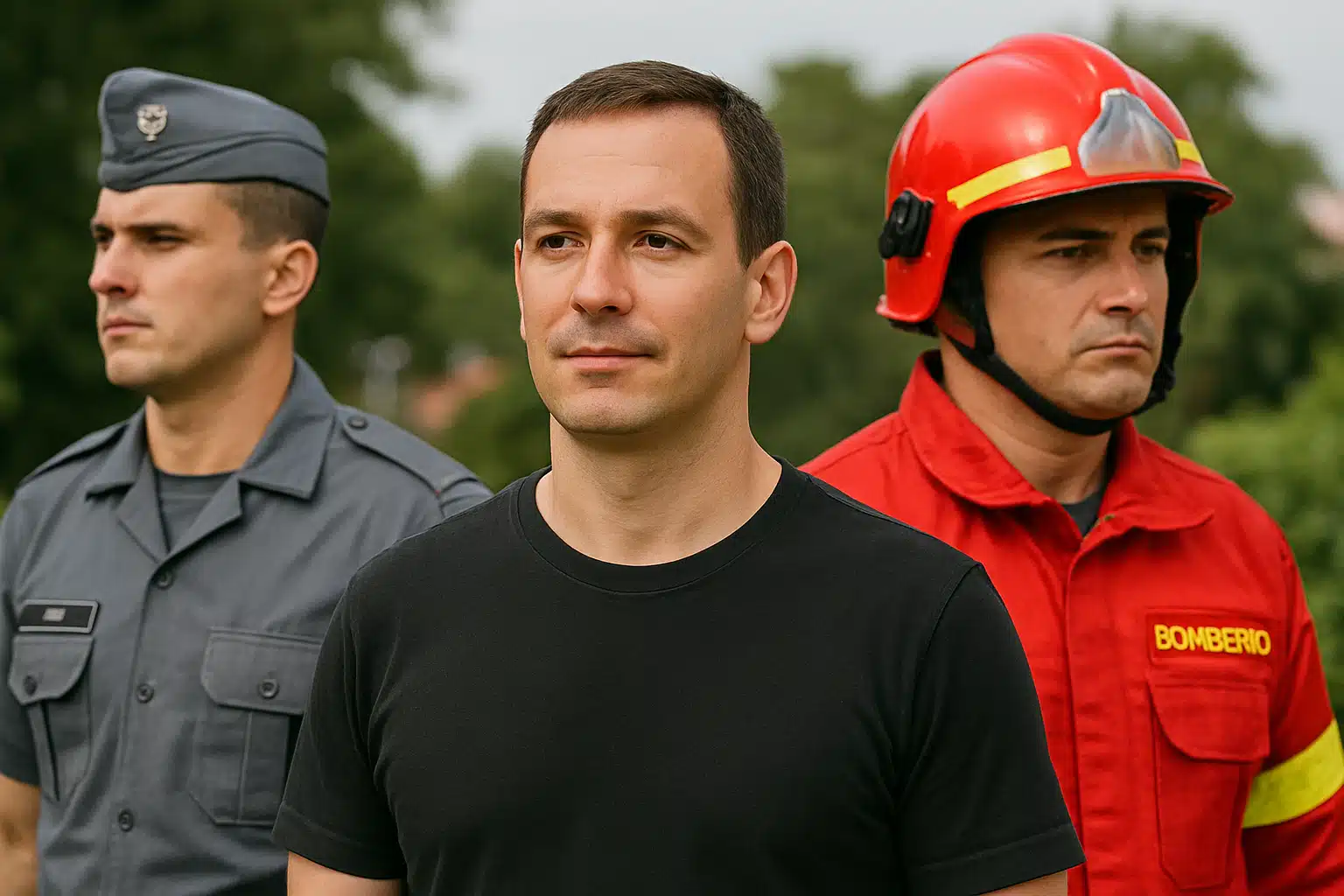 Concurso Bombeiro e PM 2025 Bombeiro segurando capacete vermelho com uniforme preto e faixa refletiva amarela. PM fardado, com roupa cinza e boina