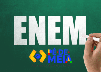 Imagem ilustrativa sobre o ENEM 2025 e o programa Pé-de-Meia, com o logotipo do programa e destaque para a frase ENEM em letras grandes em fundo verde.