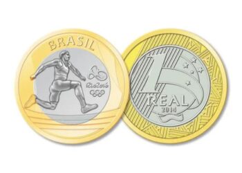 Moeda de 1 Real comemorativa das Olimpíadas do Rio 2016, modalidade atletismo. A peça, que apresenta o desenho de um atleta, pode valer até R$ 900 se tiver erros de cunhagem.