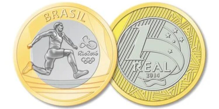 Moeda de 1 Real comemorativa das Olimpíadas do Rio 2016, modalidade atletismo. A peça, que apresenta o desenho de um atleta, pode valer até R$ 900 se tiver erros de cunhagem.