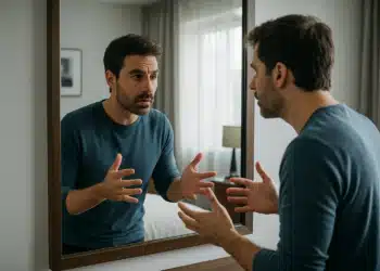 Homem falando consigo mesmo em frente ao espelho, expressando emoções e refletindo sobre seus pensamentos.