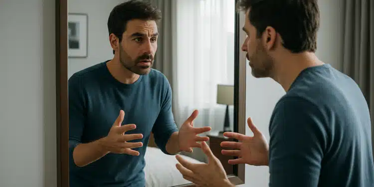 Homem falando consigo mesmo em frente ao espelho, expressando emoções e refletindo sobre seus pensamentos.