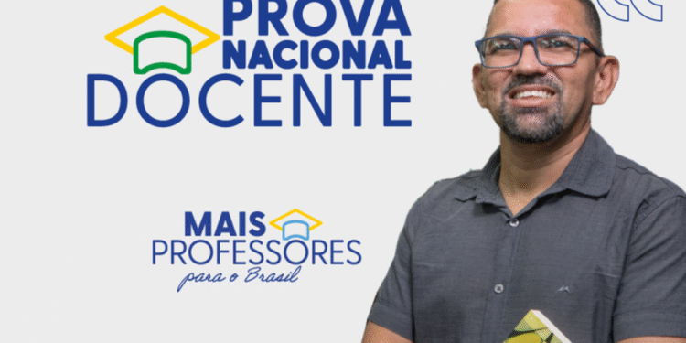 Logotipo da Prova Nacional Docente (PND) e programa Mais Professores para o Brasil com professor sorrindo e segurando livro.
