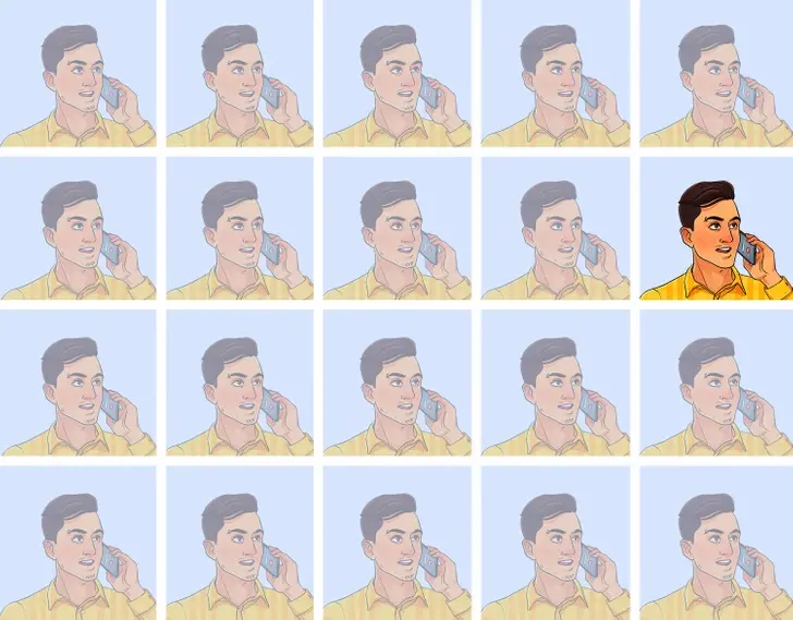 Imagem de um desafio visual com várias versões de um jovem falando ao telefone. O objetivo é identificar a principal diferença entre as versões.