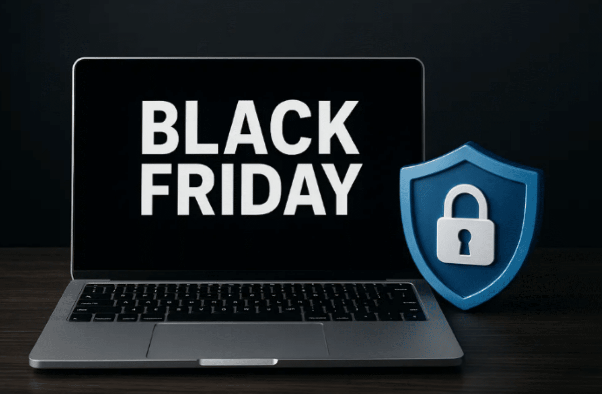 Proteção contra fraudes na Black Friday Laptop exibindo "BLACK FRIDAY" ao lado de escudo com cadeado azul, simbolizando segurança em compras online.