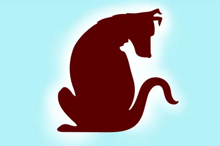 Ilusão de ótica com silhueta marrom que parece um cachorro grande com a silhueta de um gato dentro, fundo azul.