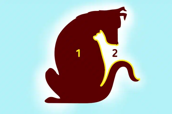 Ilusão de ótica com silhueta marrom que parece um cachorro grande com a silhueta de um gato dentro, fundo azul.