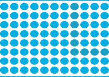 Ilusão de ótica com círculos azuis organizados em linhas e colunas uniformes.