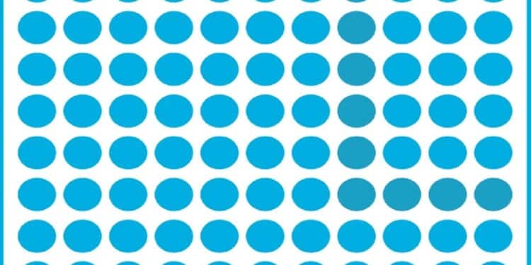 Ilusão de ótica com círculos azuis organizados em linhas e colunas uniformes.