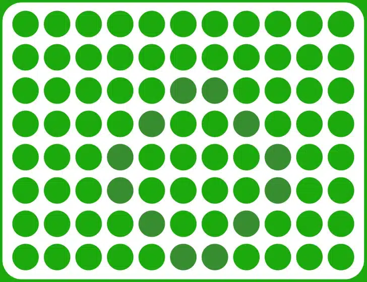 Ilusão de ótica com borda verde contendo círculos verdes com diferentes opacidades alinhados.
