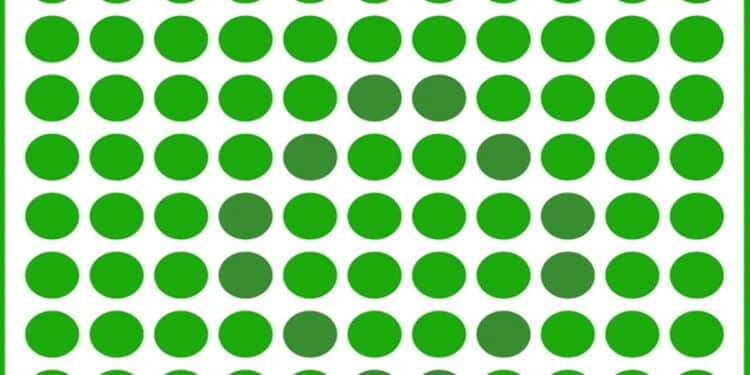 Ilusão de ótica com borda verde contendo círculos verdes com diferentes opacidades alinhados.