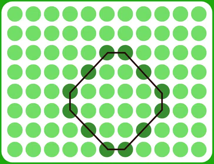 Ilusão de ótica com borda verde contendo círculos verdes com diferentes opacidades alinhados.