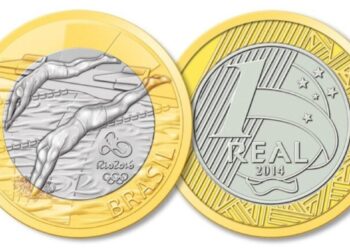 Imagem clara da frente e do verso da moeda de 1 Real da Natação (Rio 2016), com o atleta em mergulho e a data 2014, usada para discutir seu valor no mercado numismático.