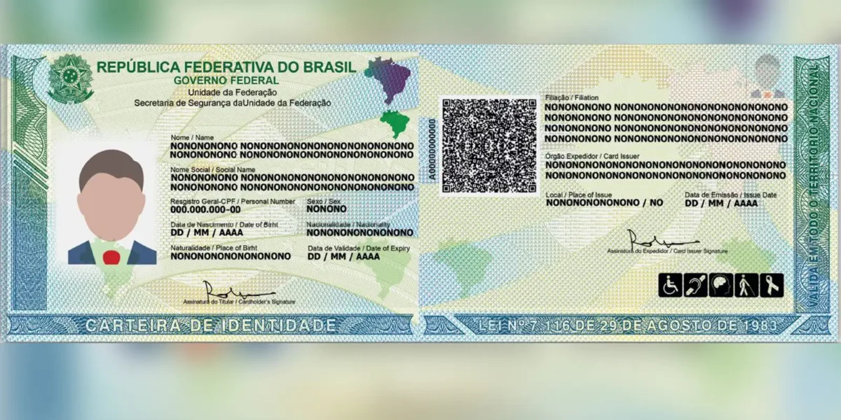 Nova carteira de identidade Frente e verso da carteira de identidade brasileira com dados pessoais e QR code para verificação