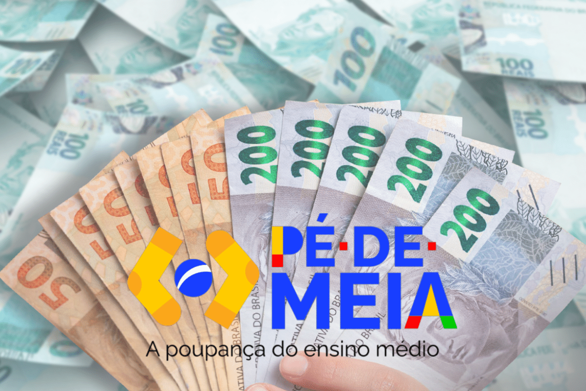 Pagamento do Incentivo Frequência e Conclusão do Pé-de-Meia Notas de R$ 50, R$ 200 e R$ 100, ilustrando o pagamento de incentivos do programa Pé-de-Meia.