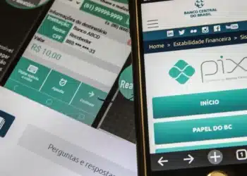 Celular exibe tela de transação PIX no valor de R$ 10,00 e, ao lado, o site oficial do Banco Central do Brasil com o logotipo do PIX, ilustrando a segurança e o controle do sistema de pagamentos.