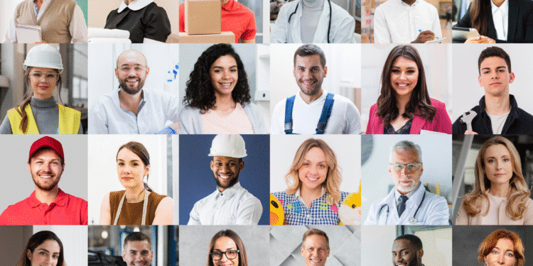 Colagem de pessoas com diferentes profissões e idades em retratos sorridentes e ambientes de trabalho variados.