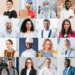 Colagem de pessoas com diferentes profissões e idades em retratos sorridentes e ambientes de trabalho variados.