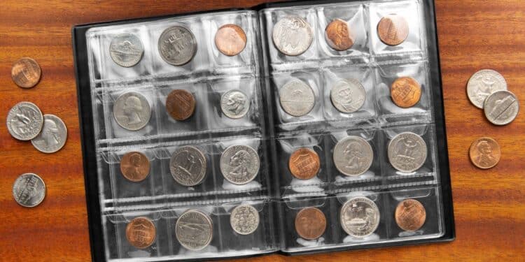 Álbum de moedas aberto sobre mesa de madeira, mostrando organização da coleção com moedas de diferentes países e valores, numismática acessível