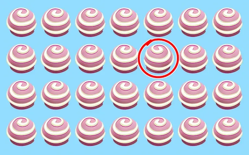 Desafio visual Teste de percepção visual com doces espiralados; um doce diferente é destacado.