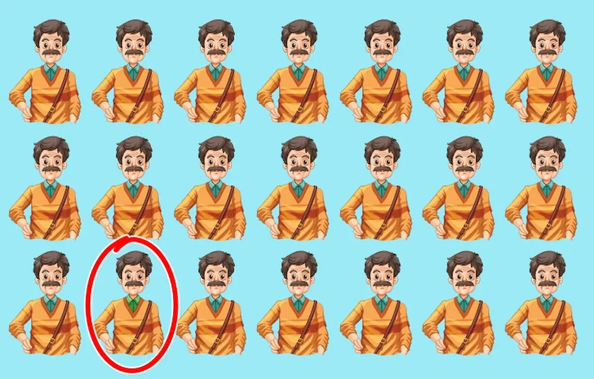 Imagem resolvida do desafio visual, mostrando o homem diferente em destaque.