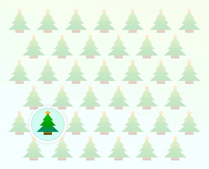 Solução do desafio visual de Natal: A árvore diferente foi destacada no meio das outras.