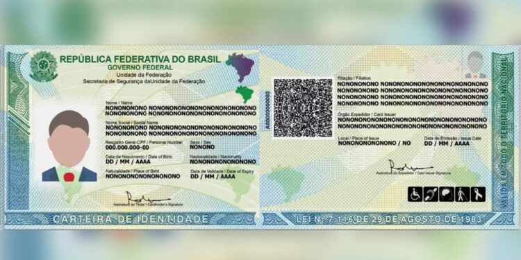 Nova versão do RG nacional brasileiro exibindo layout atualizado e elementos de segurança.