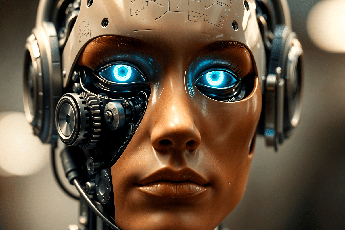 rosto de robô feminino com olhos azuis iluminados e mecanismos tecnológicos expostos