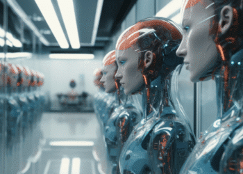 Série de robôs humanoides translúcidos com componentes eletrônicos internos expostos em ambiente tecnológico moderno.