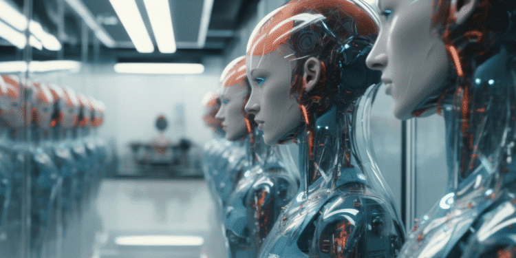 Série de robôs humanoides translúcidos com componentes eletrônicos internos expostos em ambiente tecnológico moderno.