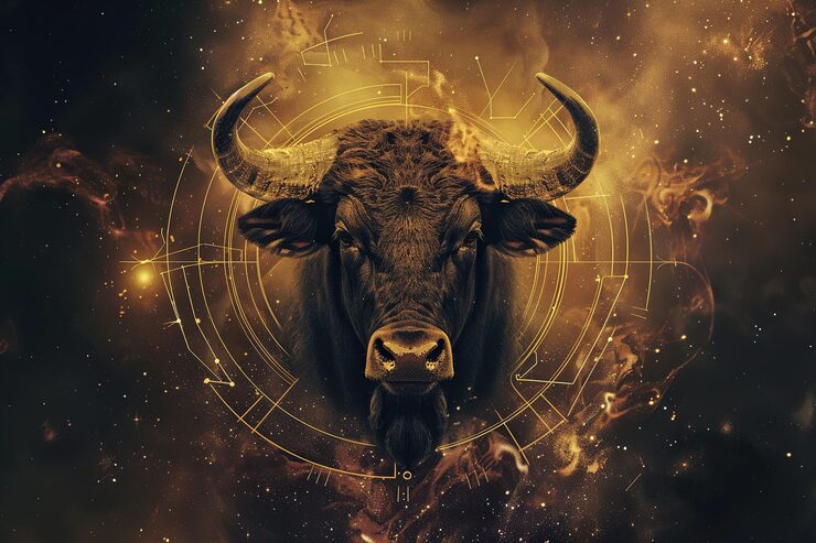 Cabeça de touro em arte digital com fundo cósmico e símbolos astrológicos dourados brilhantes